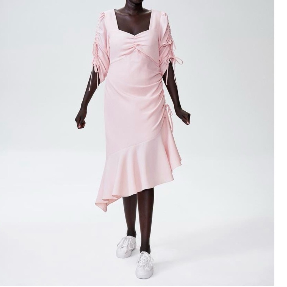 Universal Standard Plus Size Blush Pink Ruched Midi Dress | Feminine Asymmetrica